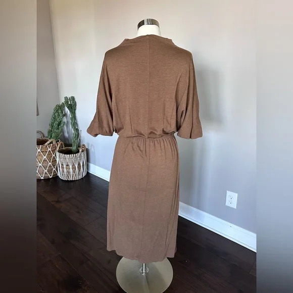 Prologue Midi Dress Buttery Jersey Dolman Sleeve Elastic Waist Heather Camel LG - Picture 3 of 12